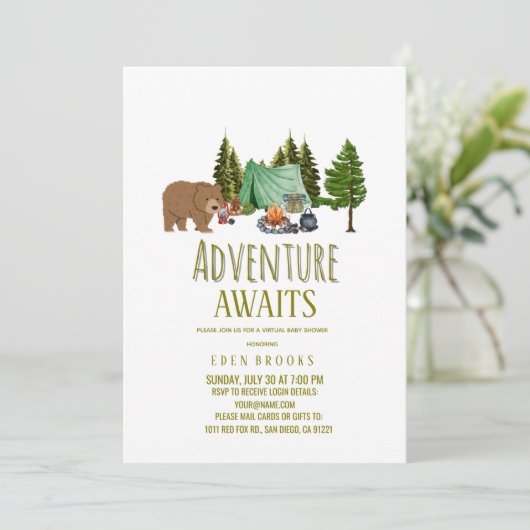 Adventure Awaits Camping Virtual Baby Shower Kaart (Staand voorkant)