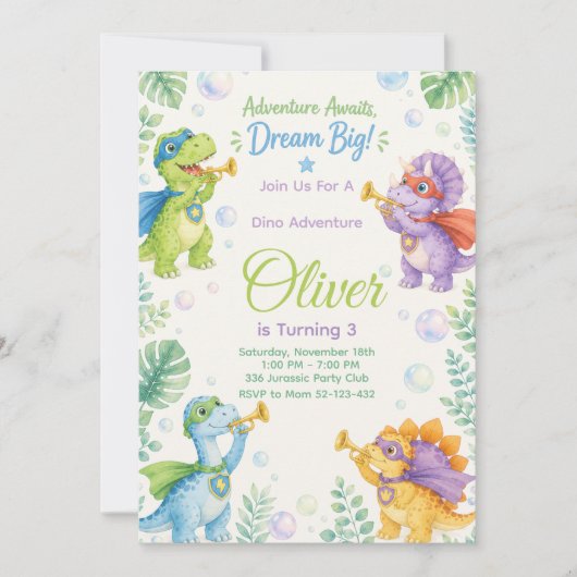 Adventure Awaits Dream Big Dinosaur Birthday Kaart (Voorkant)