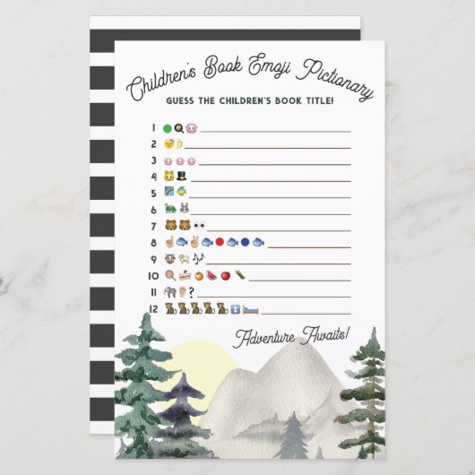 Adventure Awaits!Emoji Pictionary Baby shower Game (Voorkant / Achterkant)