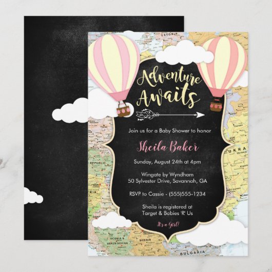 Adventure Awaits Girl Baby shower Invitation Kaart (Voorkant / Achterkant)