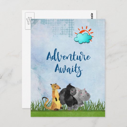 Adventure Awaits - Gorilla Hippo en Meerkat Briefkaart (Voorkant / Achterkant)