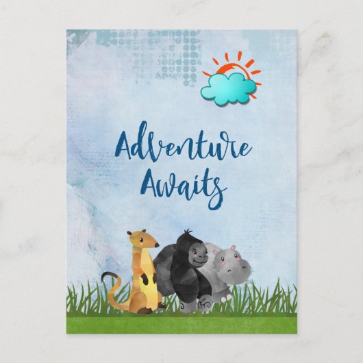 Adventure Awaits - Gorilla Hippo en Meerkat Briefkaart (Voorkant)