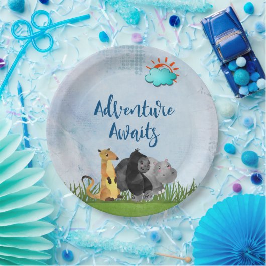 Adventure Awaits - Gorilla Hippo en Meerkat Papieren Bordje (Feest)
