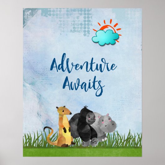 Adventure Awaits - Gorilla Hippo en Meerkat Poster (Voorkant)