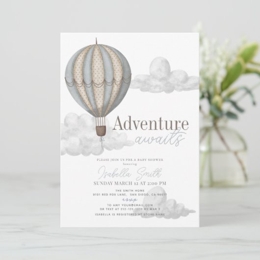 Adventure Awaits Hete Luchtballon Boy Baby shower Kaart (Staand voorkant)