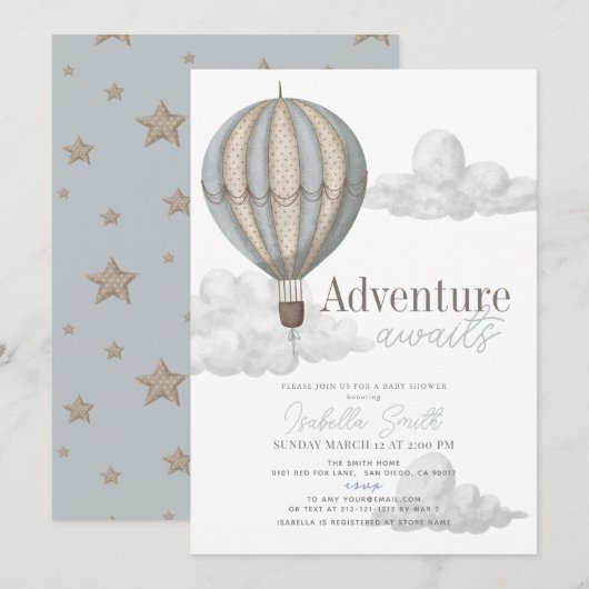 Adventure Awaits Hete Luchtballon Boy Baby shower Kaart (Voorkant / Achterkant)