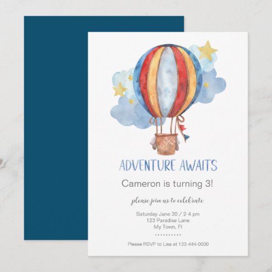 Adventure Awaits Hot Air Ballon Birthday Party Kaart (Voorkant / Achterkant)