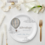Adventure Awaits Hot Air Balloon Boy Baby Shower Papieren Bordje<br><div class="desc">This boho chic "Adventure Awaits" boy's baby shower paper plate features a blue hot air balloon and clouds. Personalize it for your needs. You can find matching products at my store.</div>