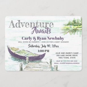 Adventure Awaits Lake en Paars Canoe Baby shower Kaart
