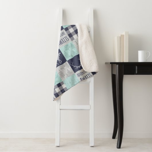 Adventure Awaits Minky/Sherpa Throw - Mint, Navy (In situ)