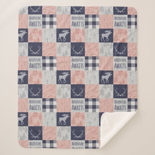 Adventure Awaits Minky/Sherpa Throw, Pink en Navy Sherpa Deken (Voorkant)