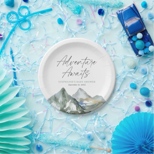 Adventure Awaits Mountain Boy Baby shower Papieren Bordje (Feest)