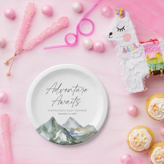 Adventure Awaits Mountain Boy Baby shower Papieren Bordje (Feest)