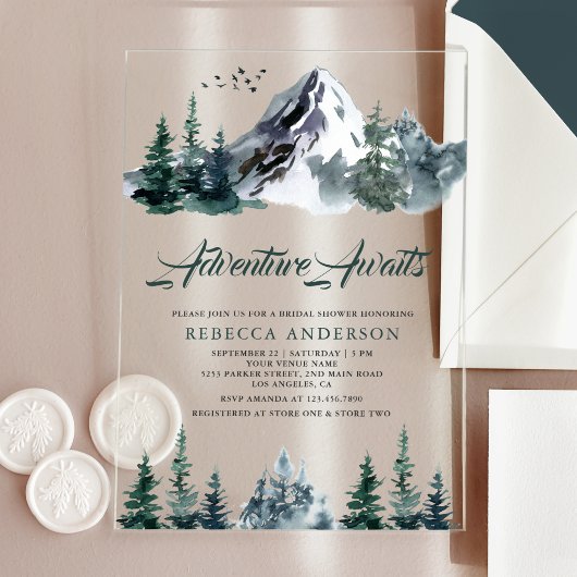 Adventure Awaits Mountain Forest Bridal Shower Acryl Uitnodigingen