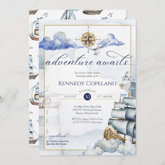 Adventure Awaits - Nautical Dream Ship Baby shower Kaart (Voorkant / Achterkant)