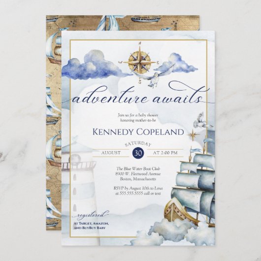 Adventure Awaits - Nautical Dream Ship Baby shower Kaart (Voorkant / Achterkant)