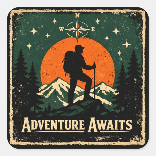 Adventure Awaits – Outdoor Exploration Hiker Vierkante Sticker (Voorkant)