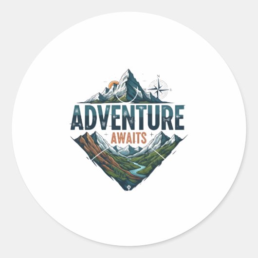 Adventure Awaits Peaks & Valleys Classic Stickers. Ronde Sticker (Voorkant)