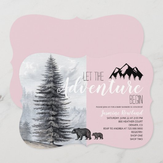 Adventure Awaits Pink Woodland Beren Baby shower Kaart (Voorkant / Achterkant)