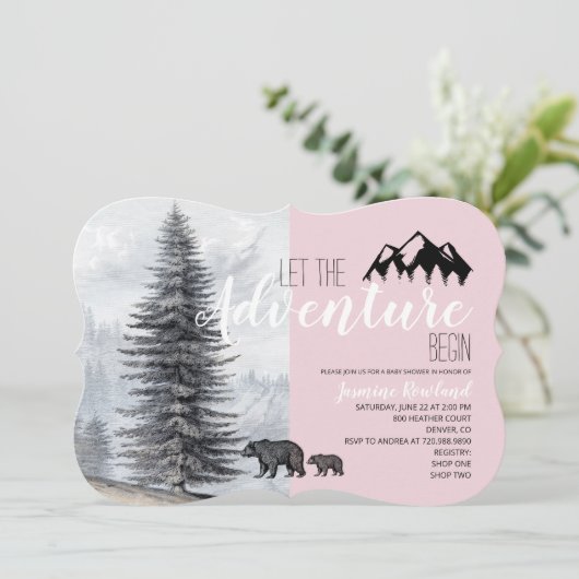 Adventure Awaits Pink Woodland Beren Baby shower Kaart (Staand voorkant)