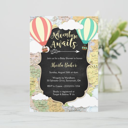 Adventure Awaits Reizen Baby shower Uitnodiging (Staand voorkant)