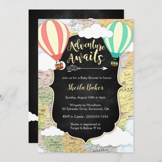 Adventure Awaits Reizen Baby shower Uitnodiging (Voorkant / Achterkant)