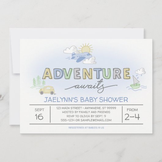 Adventure Awaits Reizen Baby shower Uitnodiging (Voorkant)