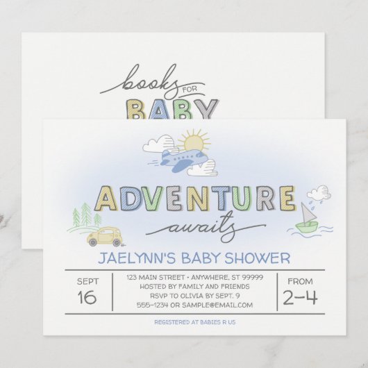 Adventure Awaits Reizen Baby shower Uitnodiging (Voorkant / Achterkant)