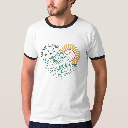 Adventure Awaits – Retro Mountain & Sun Nature T-shirt (Voorkant)