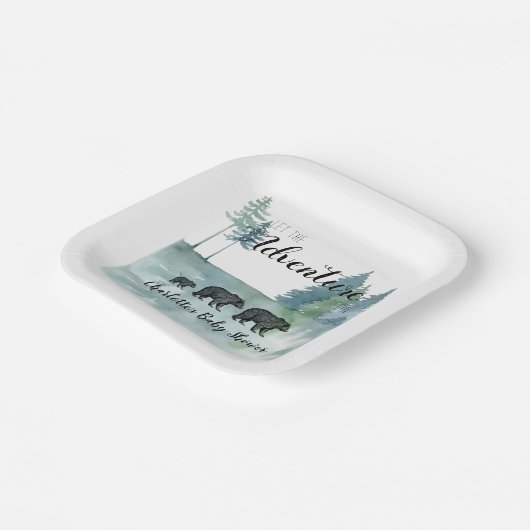 Adventure Awaits Rustic Beren Baby shower Papieren Bordje (Gebogen)