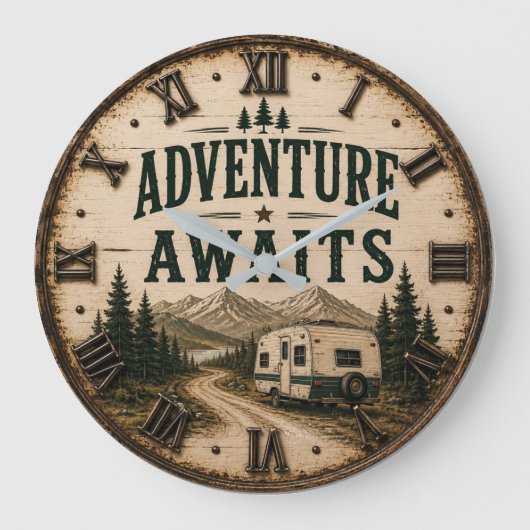 Adventure Awaits Rustic Camper Camping Mountain Grote Klok (Voorkant)