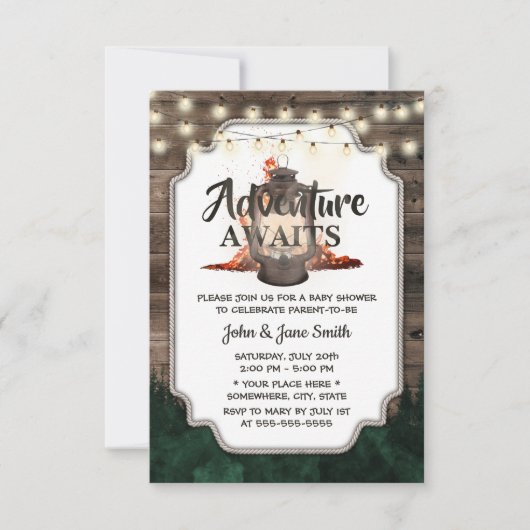 Adventure Awaits Rustic Lantern Forest Baby shower Kaart (Voorkant)