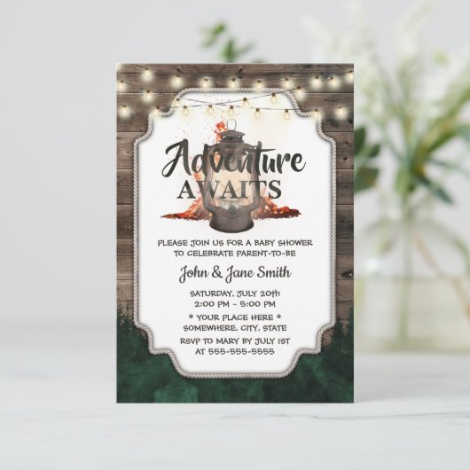 Adventure Awaits Rustic Lantern Forest Baby shower Kaart (Staand voorkant)