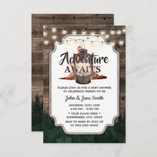 Adventure Awaits Rustic Lantern Forest Baby shower Kaart (Voorkant / Achterkant)