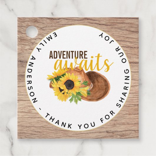 Adventure Awaits Rustic Sunflower Baby shower Bedankjes Labels (Voorkant)