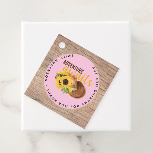 Adventure Awaits Rustic Sunflower Baby shower Bedankjes Labels (In situ)