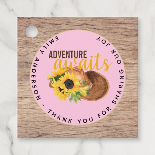 Adventure Awaits Rustic Sunflower Baby shower Bedankjes Labels (Voorkant)