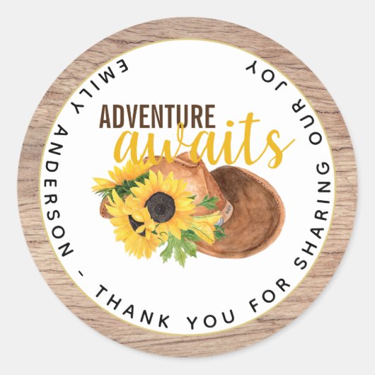 Adventure Awaits Rustic Sunflower Baby shower Ronde Sticker (Voorkant)