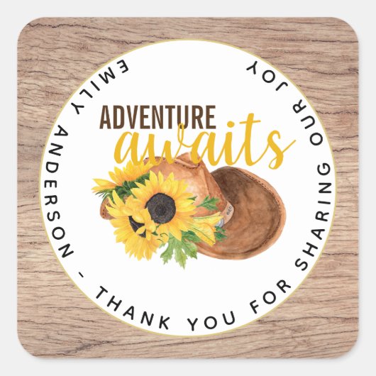 Adventure Awaits Rustic Sunflower Baby shower Vierkante Sticker (Voorkant)