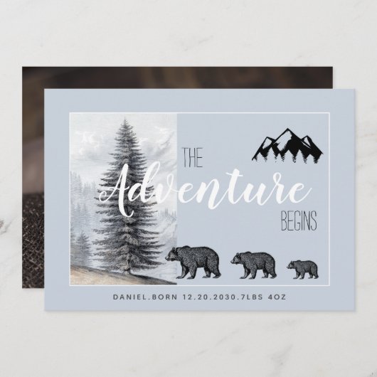 Adventure Awaits Rustic Woodland Beren Birth Aankondiging (Voorkant / Achterkant)