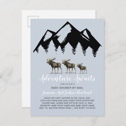 Adventure Awaits Rustic Woodland Moose Baby shower Uitnodiging Briefkaart (Voorkant / Achterkant)