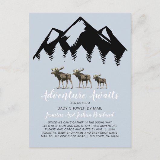 Adventure Awaits Rustic Woodland Moose Baby shower Uitnodiging Briefkaart (Voorkant)