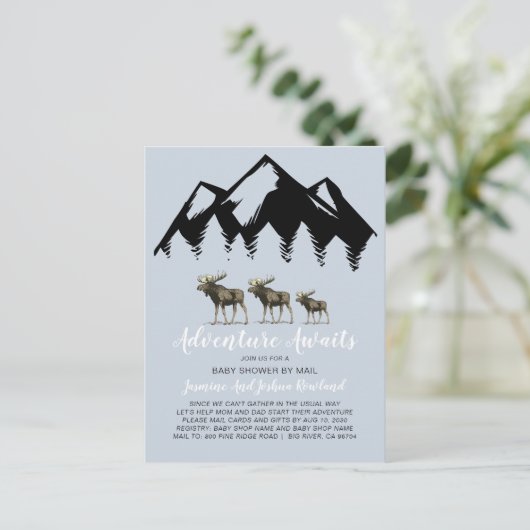 Adventure Awaits Rustic Woodland Moose Baby shower Uitnodiging Briefkaart (Staand voorkant)
