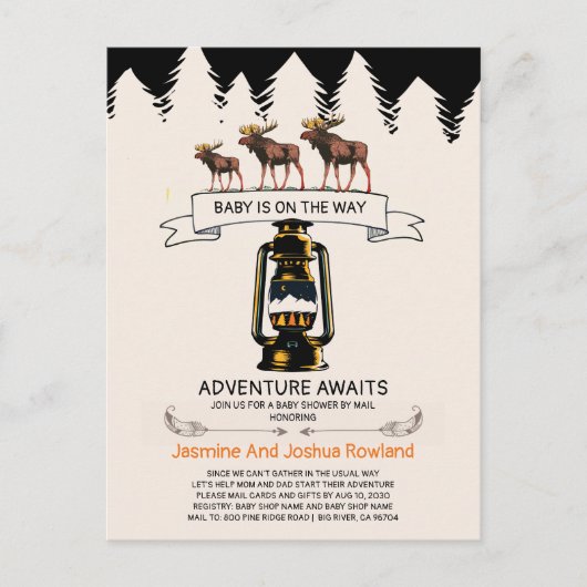 Adventure Awaits Rustic Woodland Moose Uitnodiging Briefkaart (Voorkant)