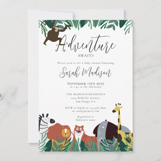 Adventure Awaits Safari Dieren Baby shower Kaart (Voorkant)