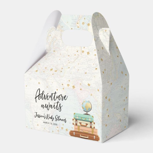 Adventure Awaits Travel Gold Confetti Baby shower Bedankdoosjes (Voorkant Zijde)