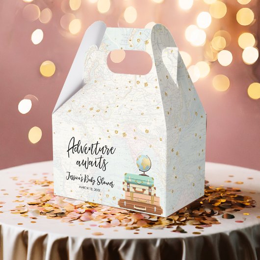 Adventure Awaits Travel Gold Confetti Baby shower Bedankdoosjes