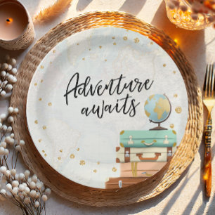 Adventure Awaits Travel Gold Confetti Baby shower Papieren Bordje
