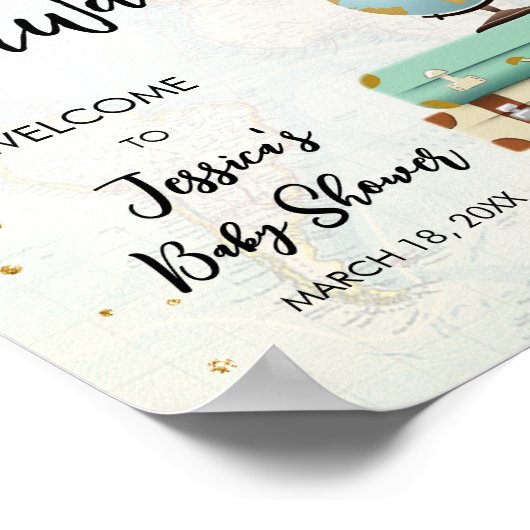 Adventure Awaits Travel Gold Confetti Baby shower Poster (Hoek)