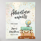 Adventure Awaits Travel Gold Confetti Baby shower Poster (Voorkant)